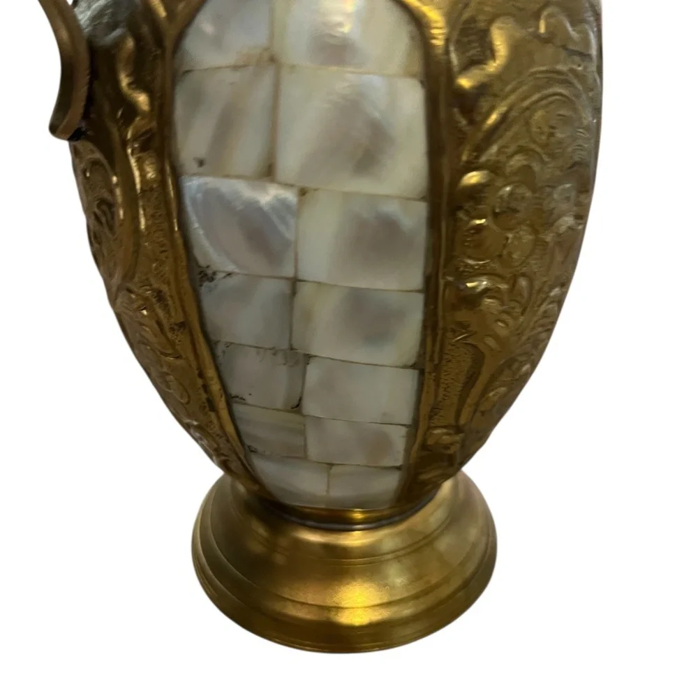 Set‎ Of 2 Vintage MCM Lacquered Brass & Mother of Pearl Inlay Vase Urn & Pitcher